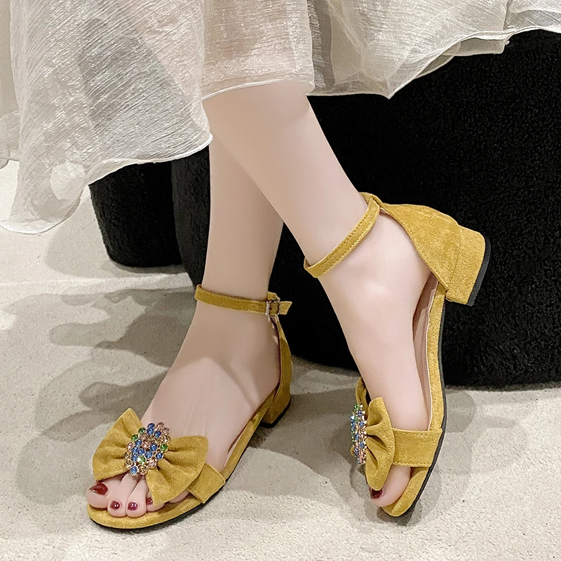 Aphixta 3cm Low Heel Yellow Sandals Luxury Bow Summer Ankle Strap Sandals Open Toe Fashion Women Shoes Plus Size 43