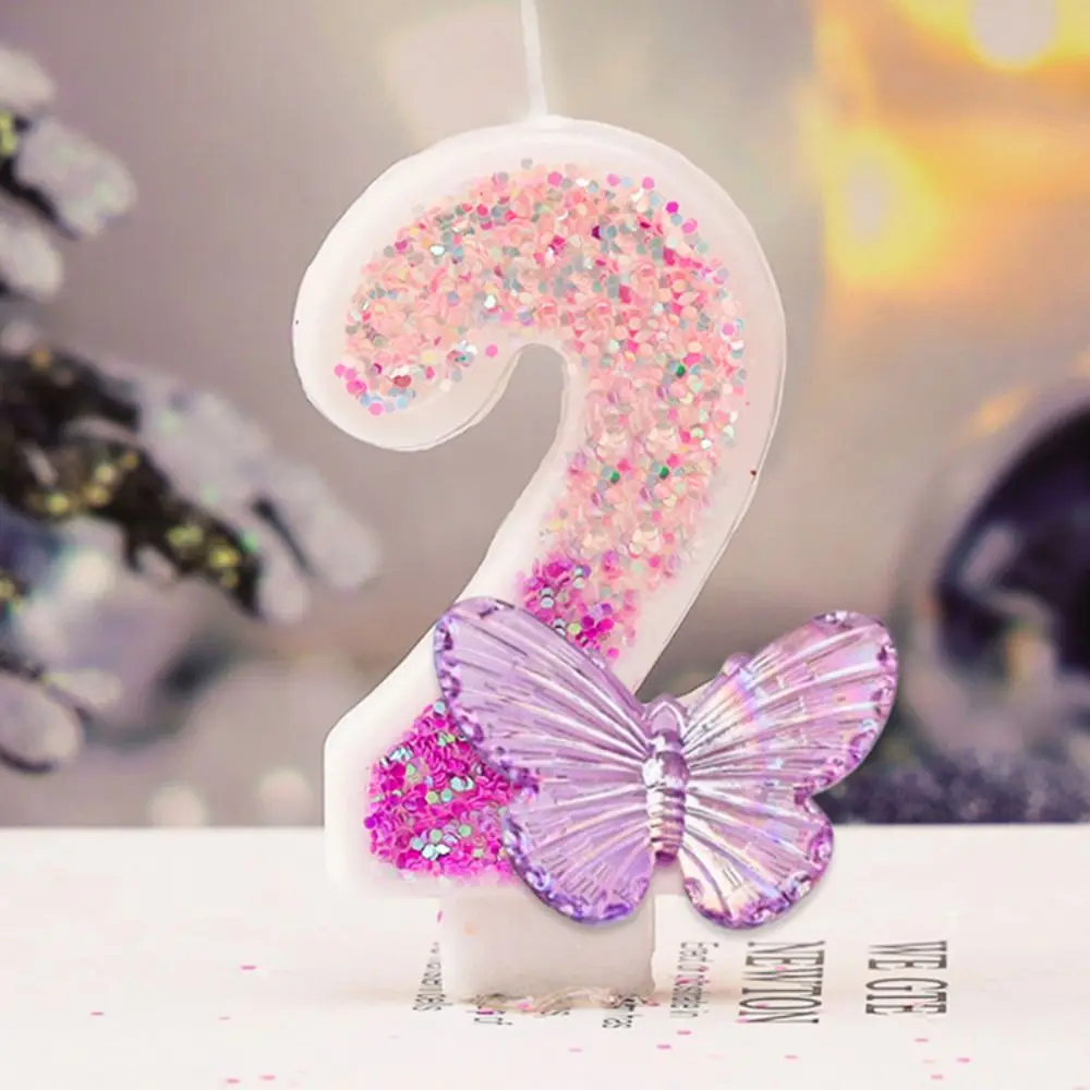 Description Picture 6 of itemPink Butterfly Digital Candle Happy Birthday Cake Topper Colours 3D Number Decor Candles Wedding Party Sparkling Digital Candle
