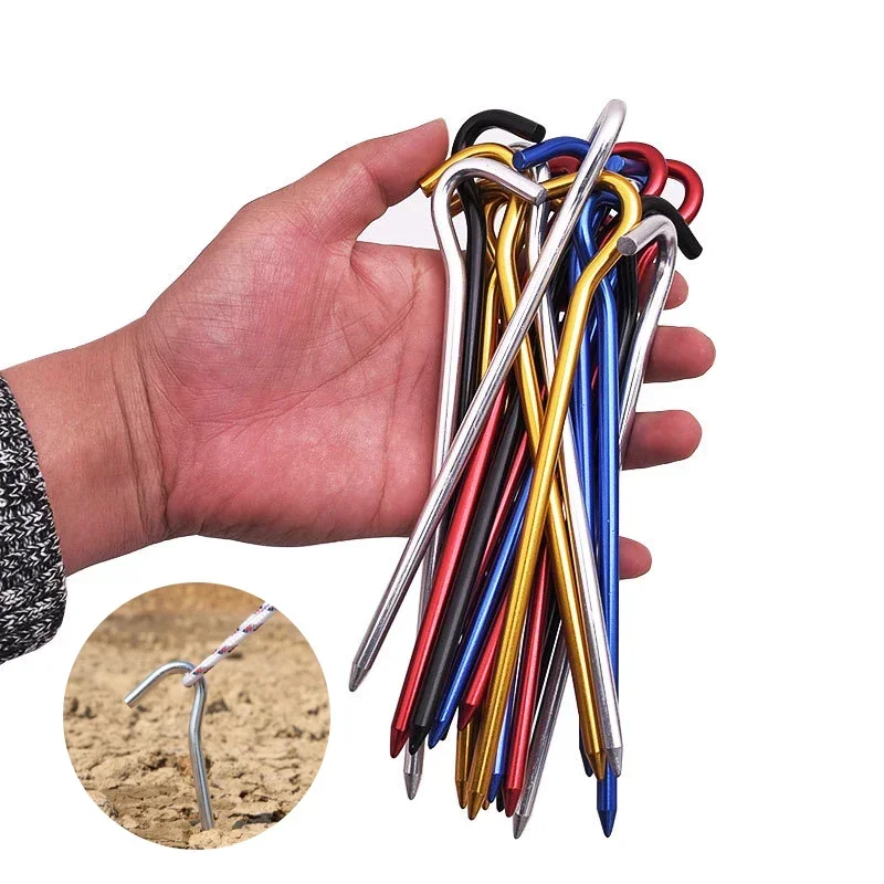 5/10PCS/Set 18cm Aluminum Alloy Tent Spikes With Hook Garden Stakes Ground Spikes for Hammock Camping Wind Rope Awning Canopy,tent wind rope hook,tent pegs