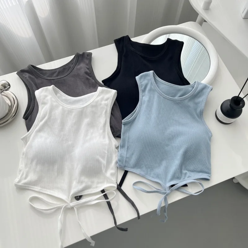 

Sexy Girls Womens Lace Up Small Tank Top with Chest Pads Exposed Navel Short Suspender Sports Girl Versatile Bra Top