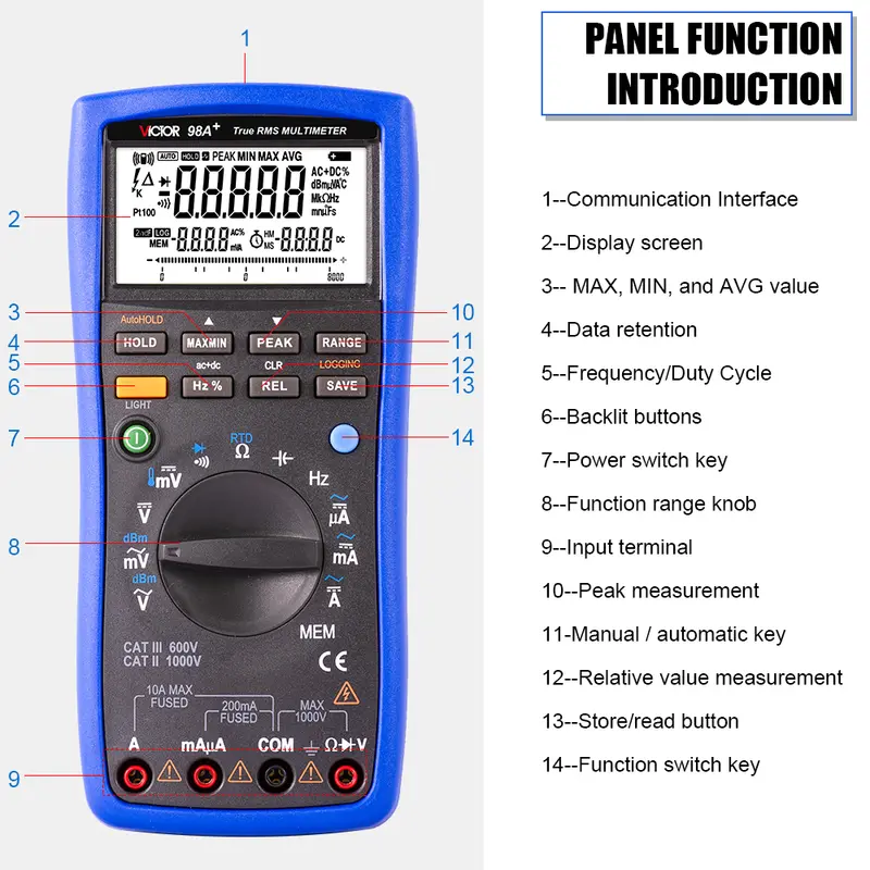 Victor 98A+ Handheld Smart Digital Multimeter LCD Backlight Portable AC/DC Ammeter Voltmeter Ohm Voltage Tester Meter Multimetro - Image 4