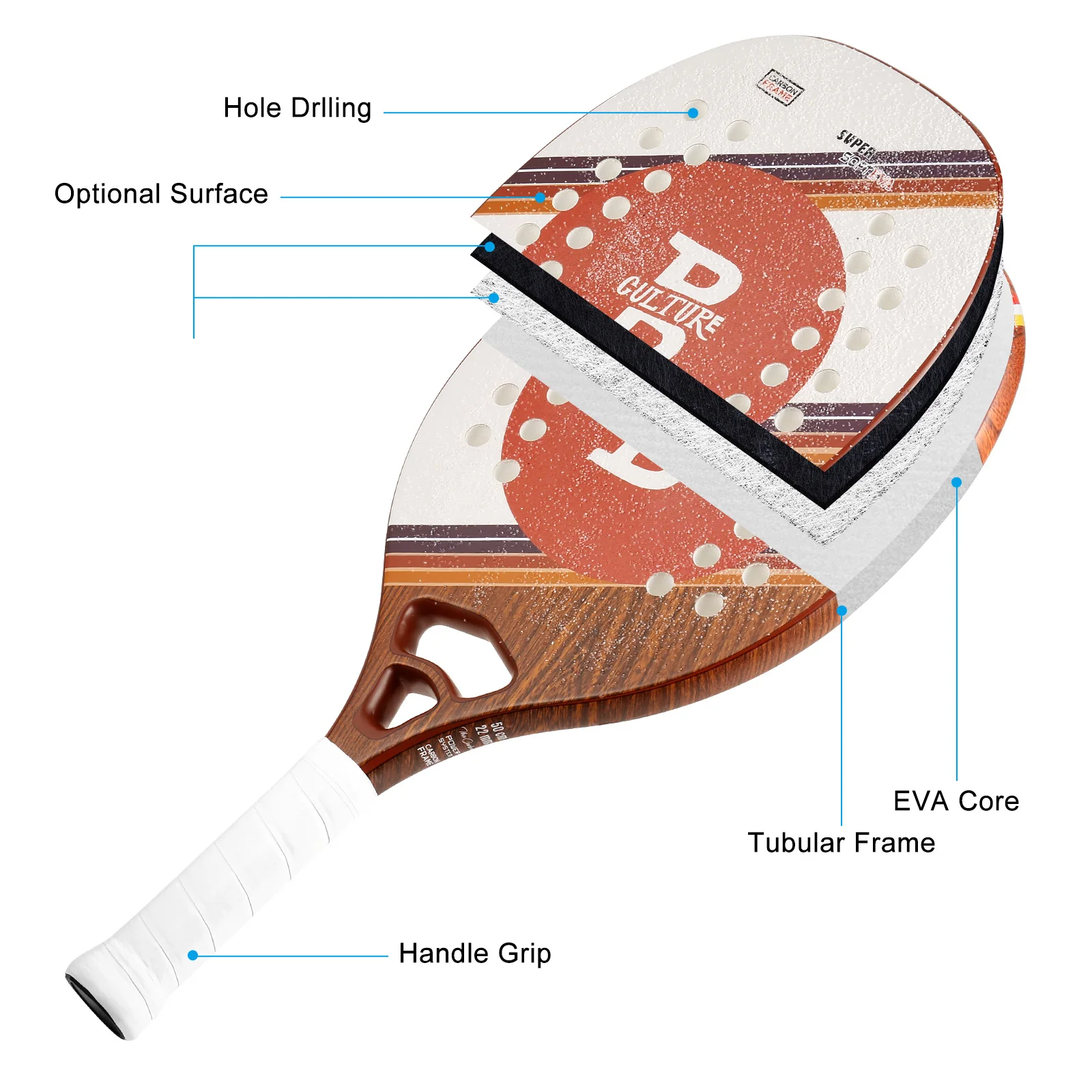 Beach Tennis Racket 3K Carbon EVA Soft 22mm Round Grit with Cover Bag