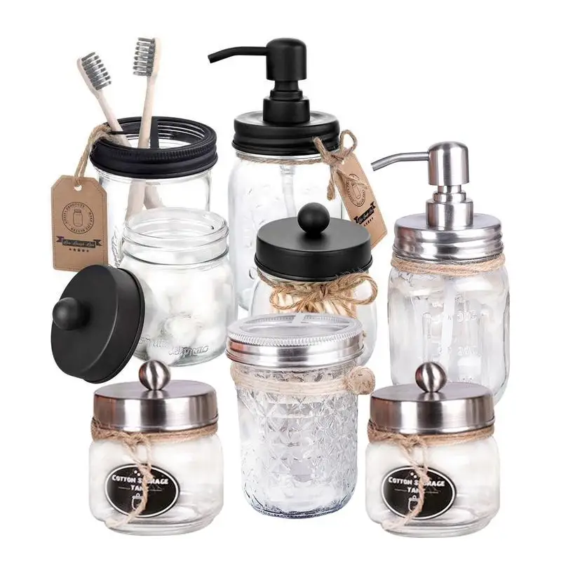 

Pcs Mason Jar Bathroom Accessories Set Soap Dispenser Toothbrush Holder Cotton Swab Can