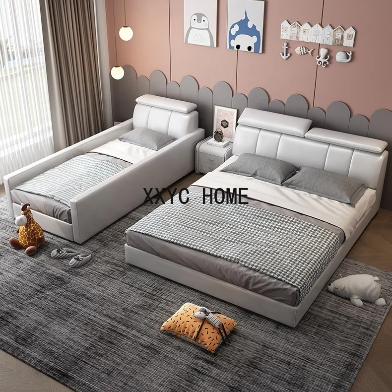 Baby Twin Size Bed Frame With Adjustable Headrest Guardrail Customize Material Leather Fabric Kids Bed Bedroom