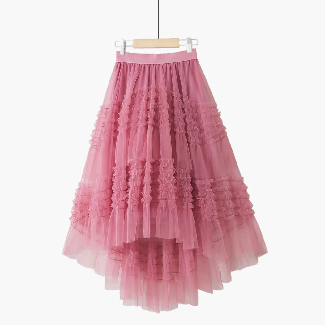 

2022 Spring/Autumn Women Mesh Kirts Elastic High Waist A-Line Tutu Skirts Women Solid Lace Irregular Skirt emme Elegant Outwear