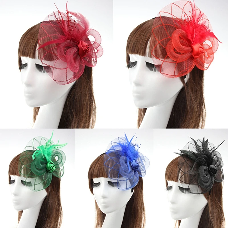 Cocktail Party Hair Clips Women Wedding Bridal Hat Fascinator Ladies Dress Up Headband Lace Feather Mesh Flower Hairpin Decor
