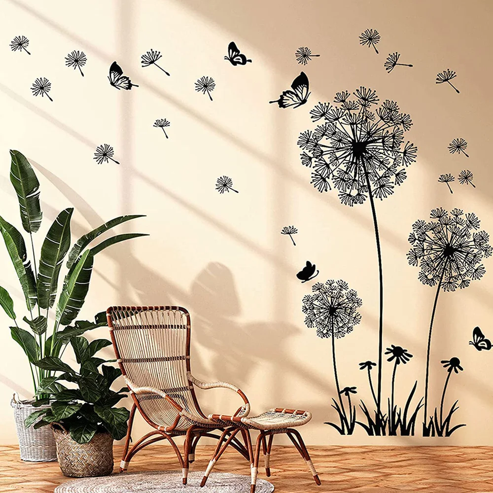 Black Dandelion Wall Stickers Butterflies Wall Living Room Bedroom Glass Window Decoration Mural Art Home Decor Decals wall stickers window stickers