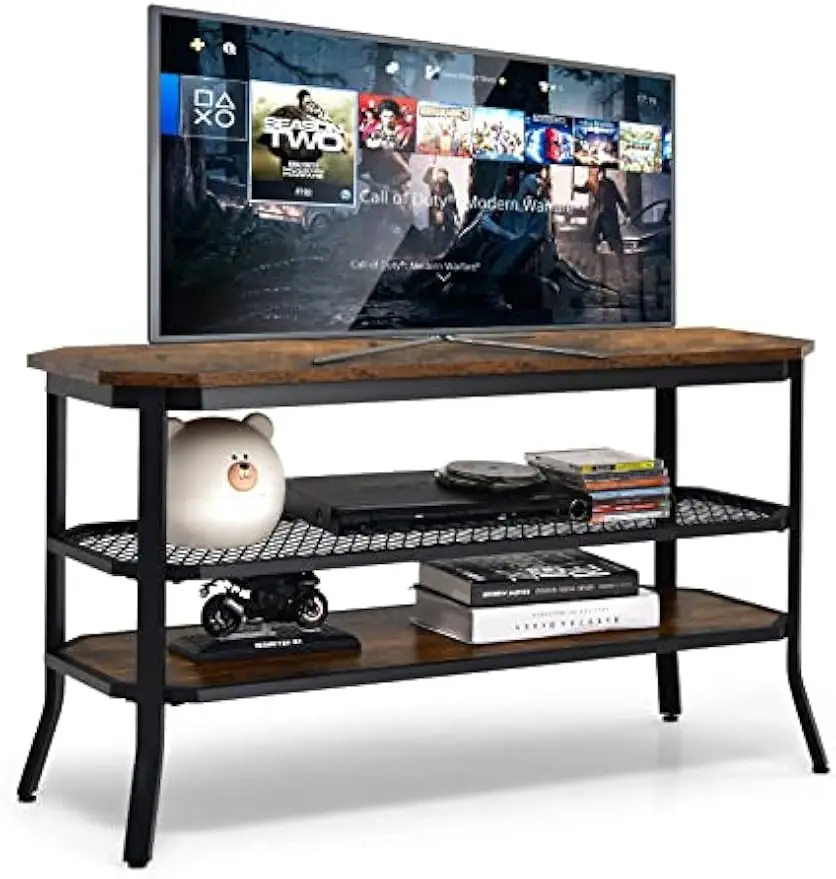 Industrial TV Stand for TVs up to 46", 3-tier Wood TV Cabinet with Steel Frame, Rustic Entryway Console Table 3