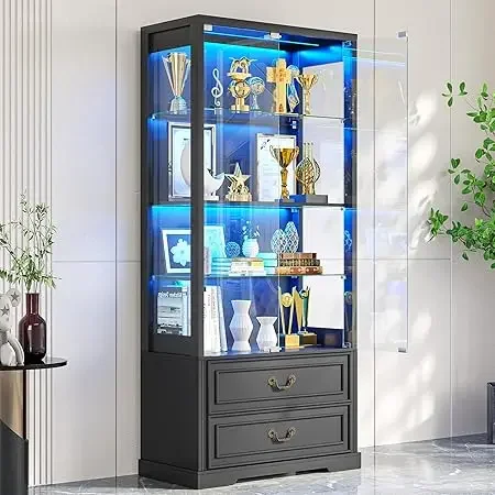 ארון תצוגה עם דלתות זכוכית ו-2 מגירות, גובה זכוכית מתכוונן, ארון קוריו עם 3 נורות LED וגוף אנושי