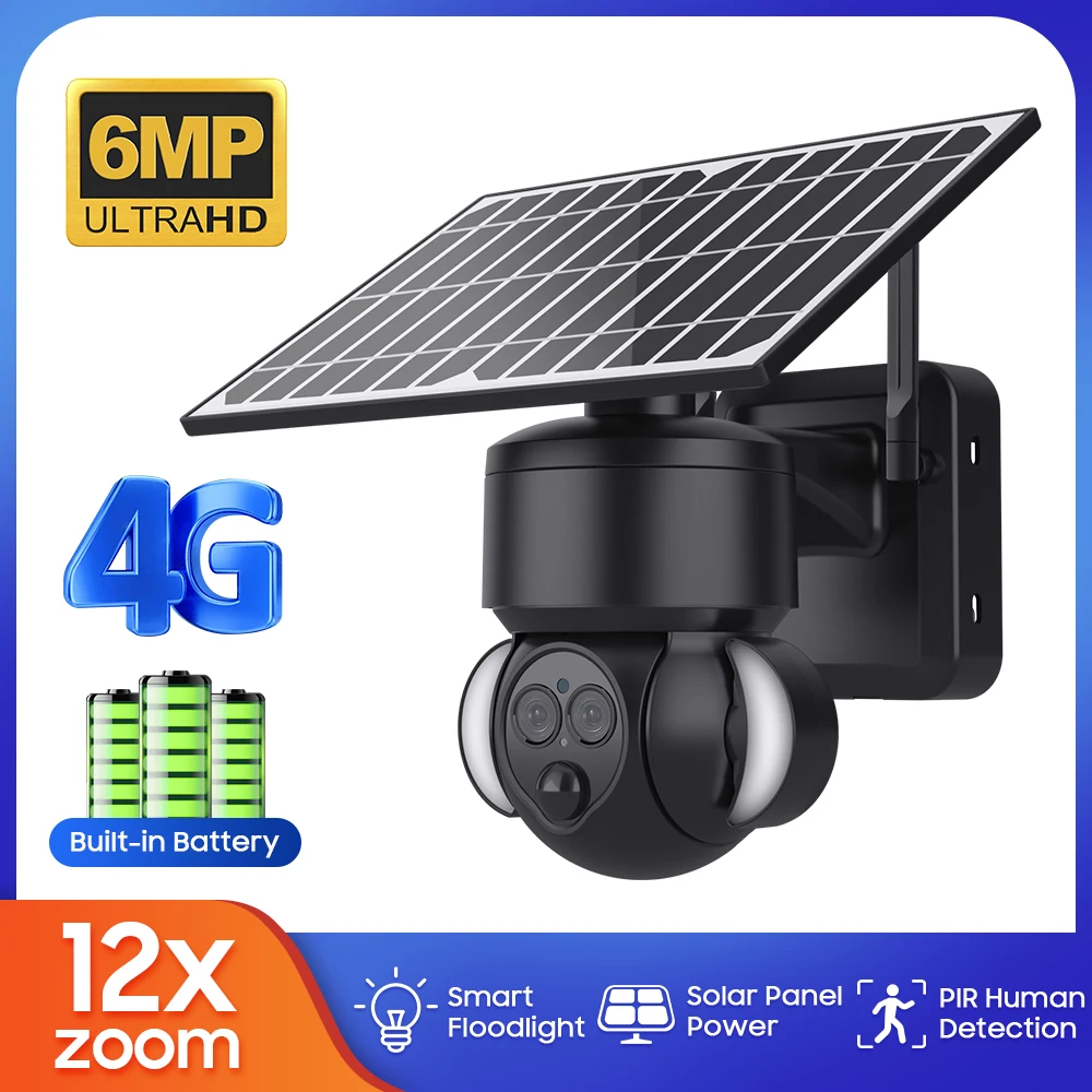 WiFi/4G Solar Camera 6MP 12X Outdoor Dual Lens HD Wireless Power Battery Camera PTZ Security Surveillance Garden Light