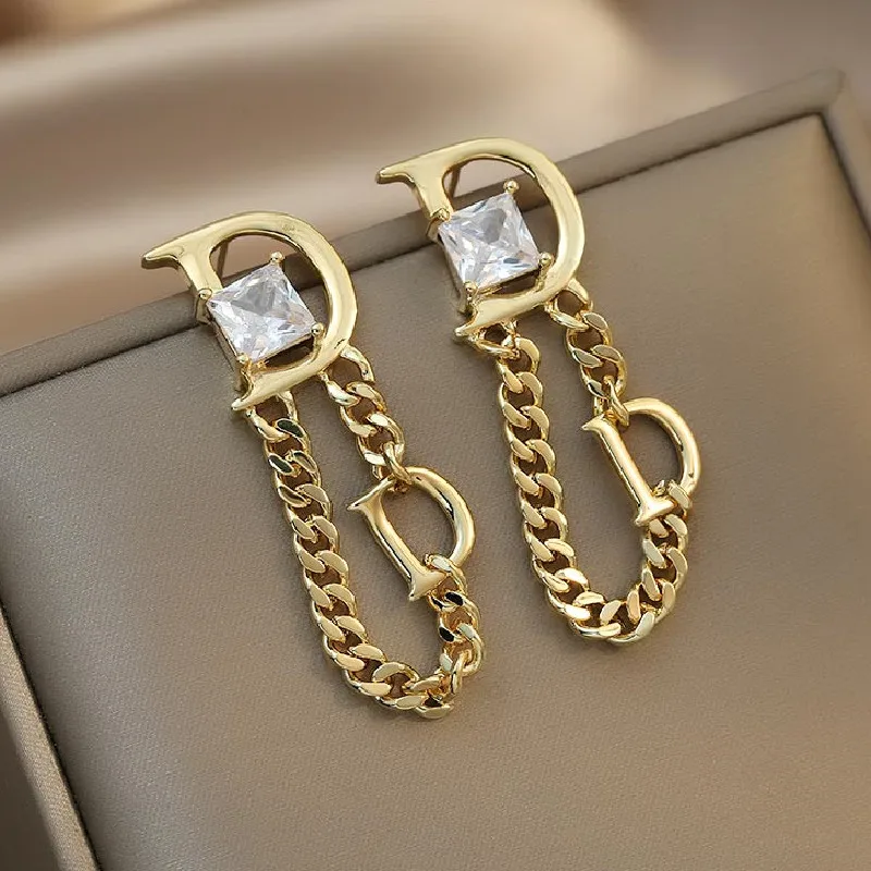 South Korea Design Jewelry Chain Tassel Letter D Square Zircon dangle earrings drop earrings crystal tassel earrings Women's Party Gift Accessories
