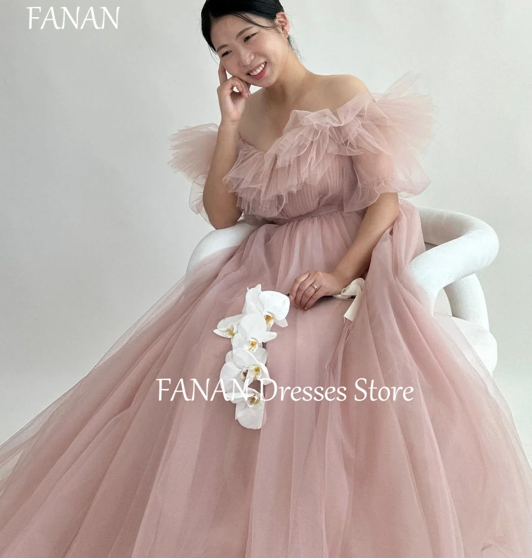 

Женское вечернее платье FANAN, розовое фатиновое платье с открытыми плечами и оборками в Корейском стиле, свадебное платье для выпускного вечера