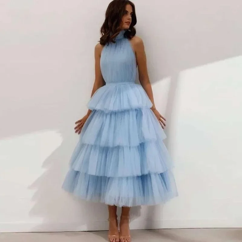 

Vintage Baby Blue Prom Dresses High Neck Tiered Tulle Tea Length Backless Summer Arabic Wedding Party Gown Graduation Dress