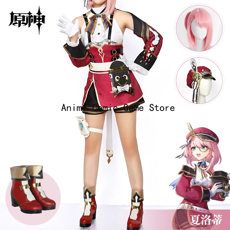

Charlotte Cosplay Genshin Impact Cosplay Costume Wig Shoes Anime Game Fontaine Newspaper Halloween Party Womens Girls Full Sets