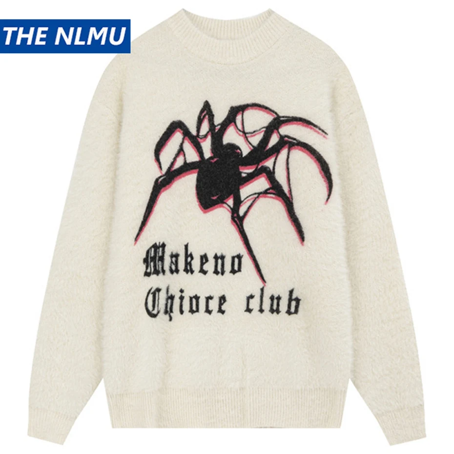 

Mohair Sweater Men Spider Letter Graphic Oversized Black Knitted Pullover Sweaters Harajuku Streetwear Hip Hop Sweater Jumper