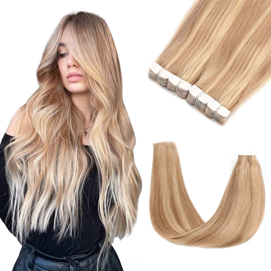 12'' 16'' Mini Tape in Hair Extensions Human Hair Highlight Real Natural Brazilian Non-Remy Straight Seamless Skin Weft