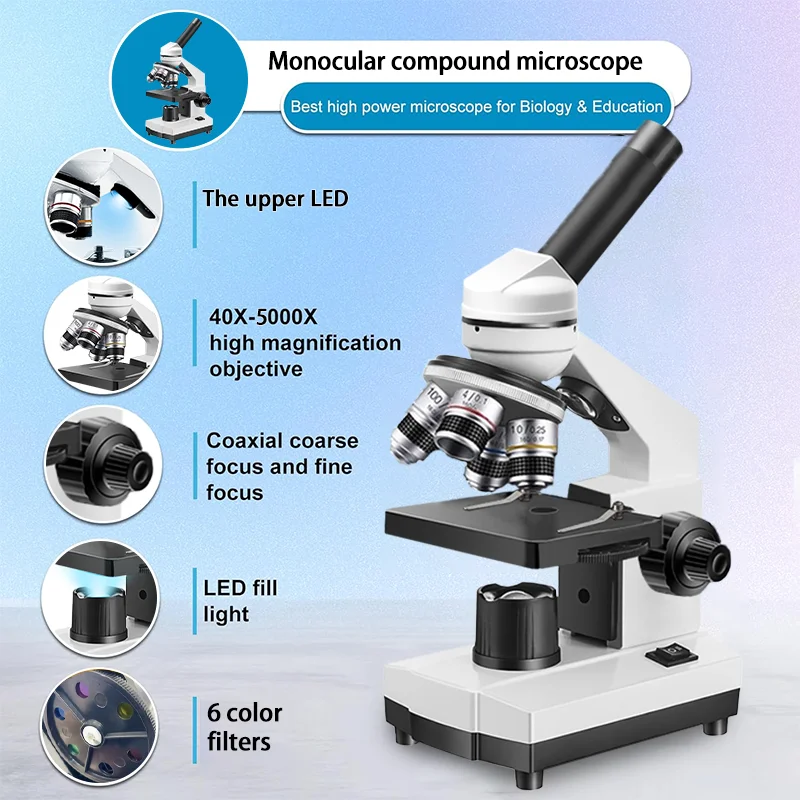 40X-5000X Compound Monocular Microscope, Dual LED with USB Camera 