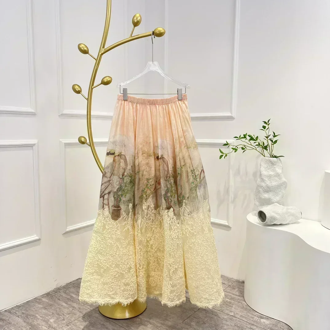 

2023 Silk Linen New High Quality Elastic Waist Vintage Beige Lace Patchwork Ruched Midi Skirt Women Clothing
