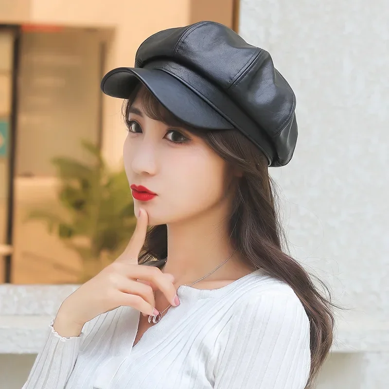 

New Women PU Leather Berets Cap Hat Black Red Outdoor Adjustable Boina Female Autumn Winter Casual Lady Cap Hat for Women Берет