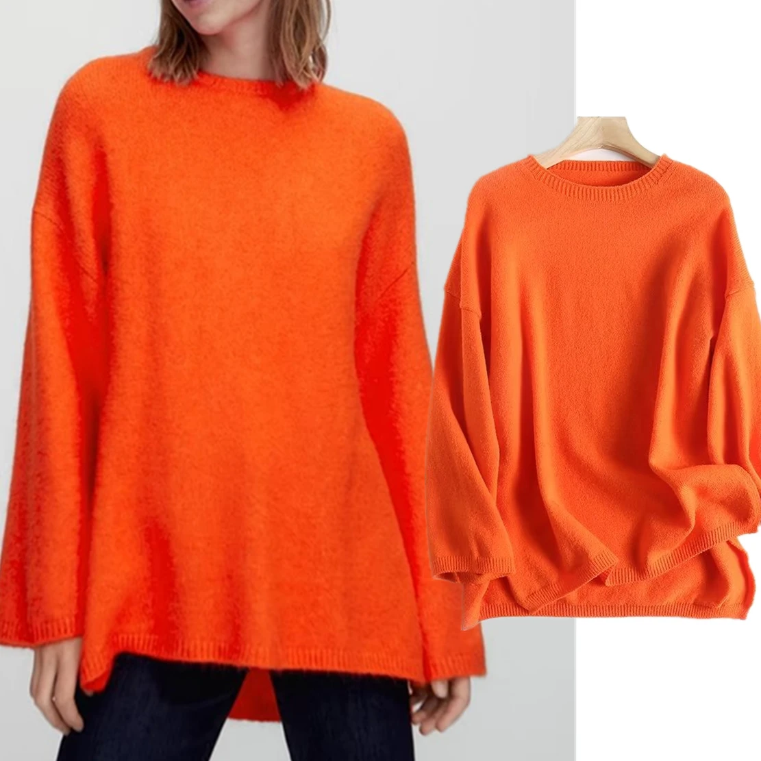 

Maxdutti Fashion Orange Sweaters Color O-neck Pullovers Flare Sleeve Casual Knitwear