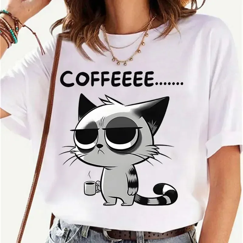 

Casual Fashion Top Shirt, Espresso Expressions Print Short Sleeve T-Shirt T-Shirts, Anime Cartoon Cat Tshirts, Women's Clothing