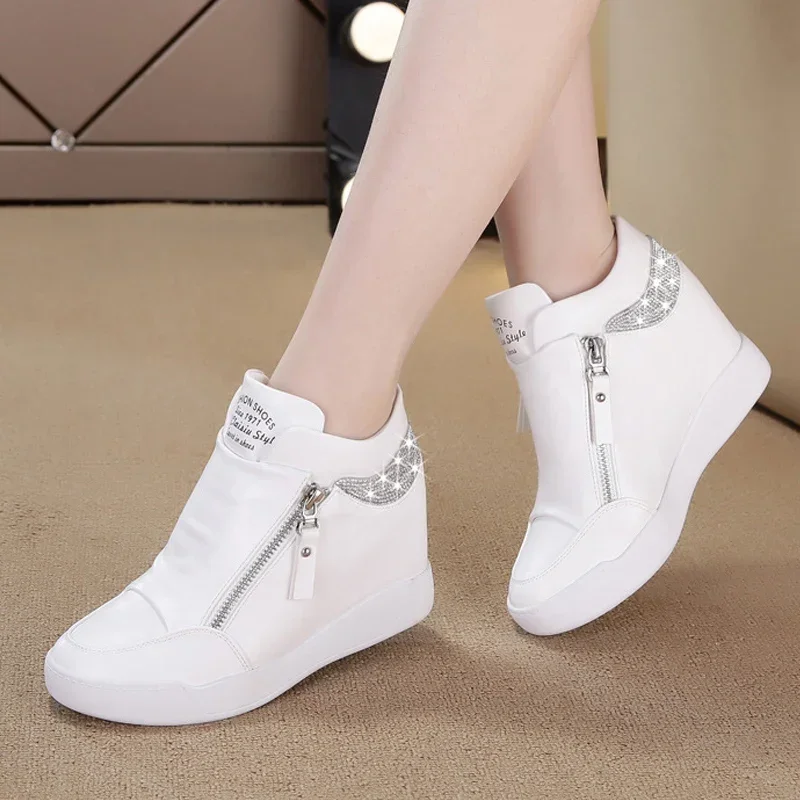 

Comemore Women Wedge High Top Sneakers Zipper PU Leather Casual Shoes Sequins Thick Bottom White Internal Heighten Plus Size 42