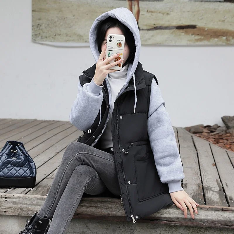 2023 Women Fat MM Loose Fake Two-piece Splicing Hooded Cotton-Padded Jacket Women Winter Waist This Year's Popular Cardigan Coat