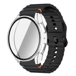 Silicone Band with Tempered Glass Screen Protector & PC Case Cover - Enhanced Watch Kit - Galaxy Watch 7 44mm (Black transparent)