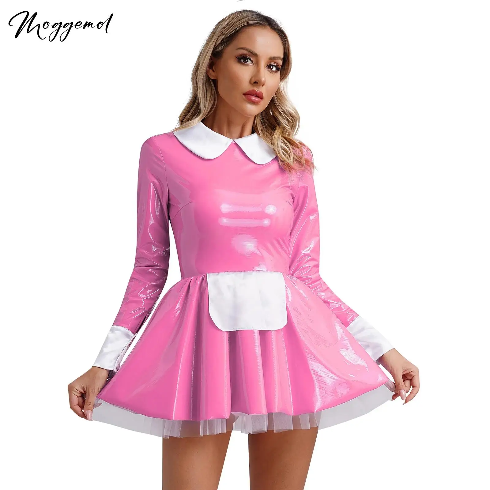 Womens Maid Cosplay Latex Dress Lolita Costume Long Sleeves Satin Apron ...