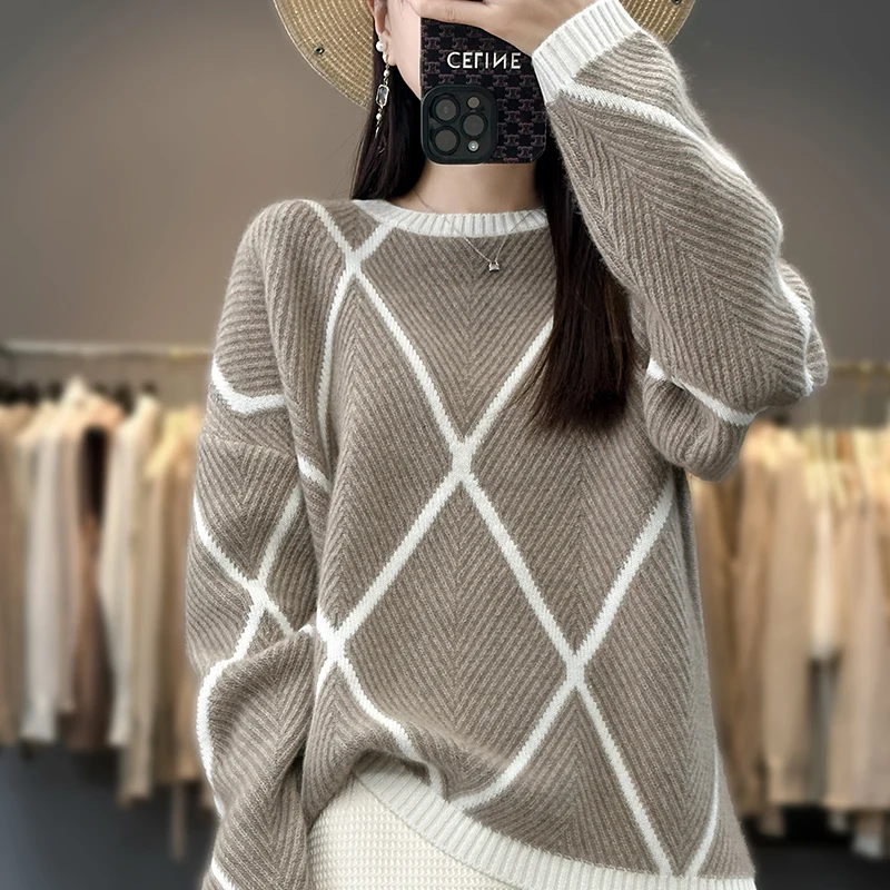 

Autumn and winter new 100% pure sweater women O-neck striped color matching sweater temperament loose knit bottoming shirt