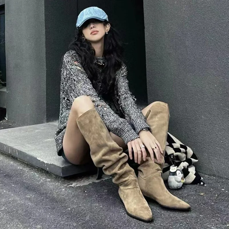 Botas 여성용 나이트 부츠, 두꺼운 힐, 허벅지 하이 부츠, 하이 배럴 스웨이드 스타일, 레트로 무릎 길이 패션, 가을, 겨울
