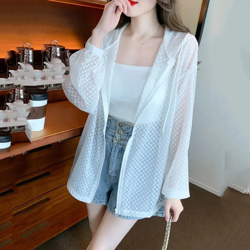 

Women Sun Protection Jacket 2023New Summer Fashion Female Mid Long Loose Hooded Thin Windbreaker Female Sun Protection Clothing
