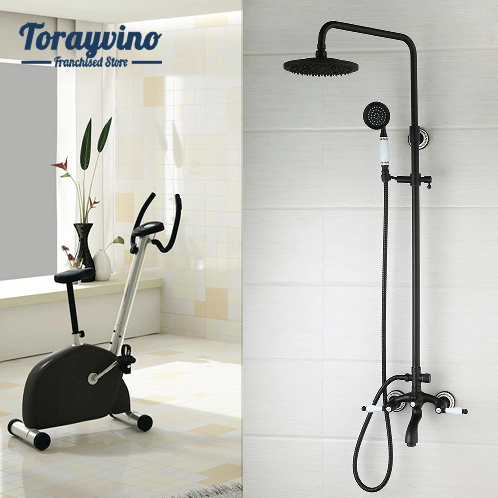 

Torayvino Bathroom Shower Faucet Set ORB Black Wall Mounted Dual Handle Hot Cold Water Rainfall Shower Mixer Tap