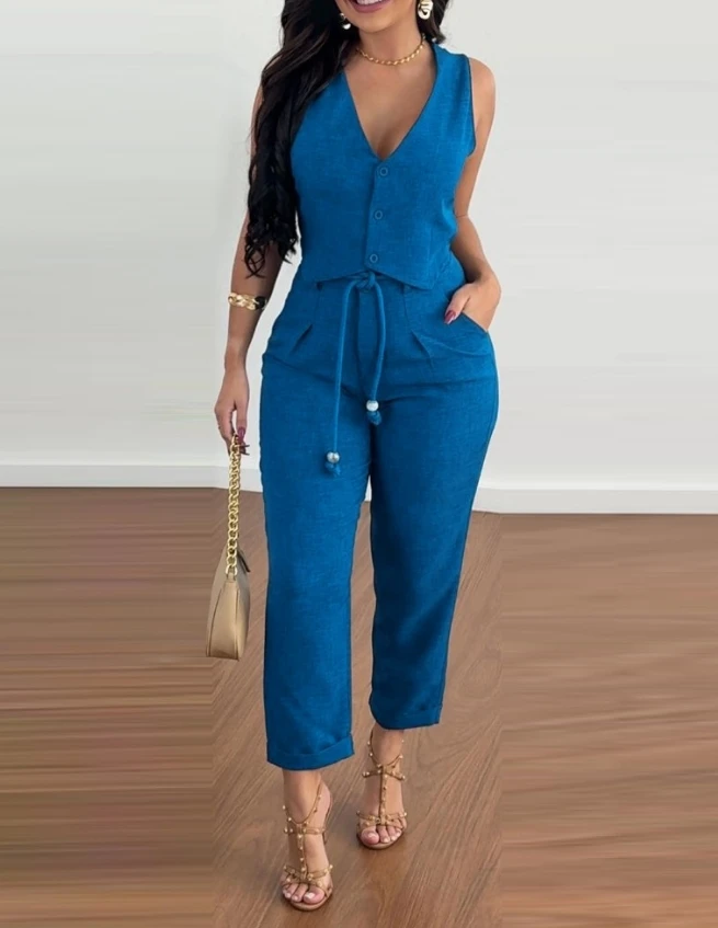 Women's Two Piece Summer Casual Solid V-Neck Sleeveless Buttoned Vest Top and Pocket Design Ruched Tied Detail Pants Set