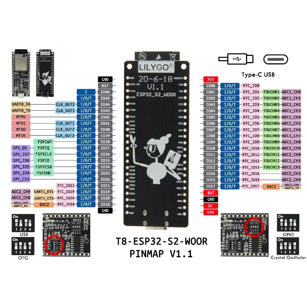 LILYGO® T8 ESP32-S2 V1.1 ESP32-S2-WOOR WIFI 블루투스 무선 모듈 유형-C 커넥터 개발 보드 Arduino 용 ESP32