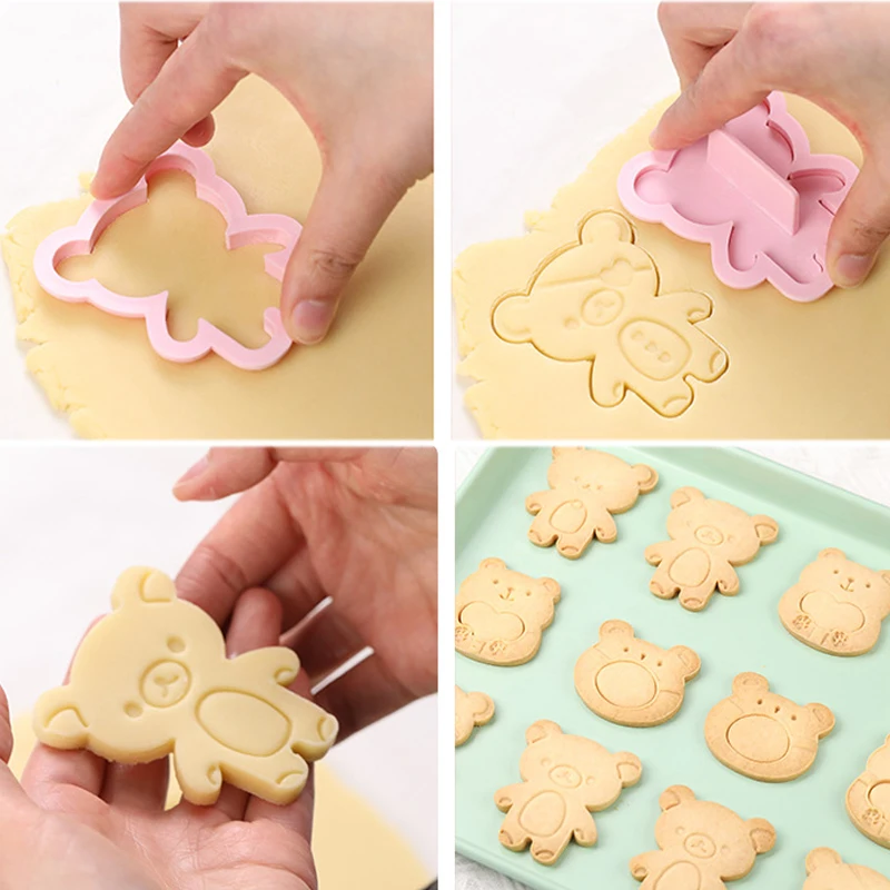 Cute Bear Mold Cookie Bear Stamp Cookie Cutters Set Fondant Biscuit Mold DIY Pastry Baking Tool Shaker Forms for Cookies
