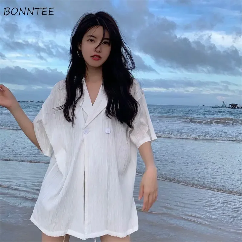 

Short-sleeve Shirts Women Double Breasted Fashion Summer Loose Casual Simple All-match Korean Style Female Tops Temperament Chic