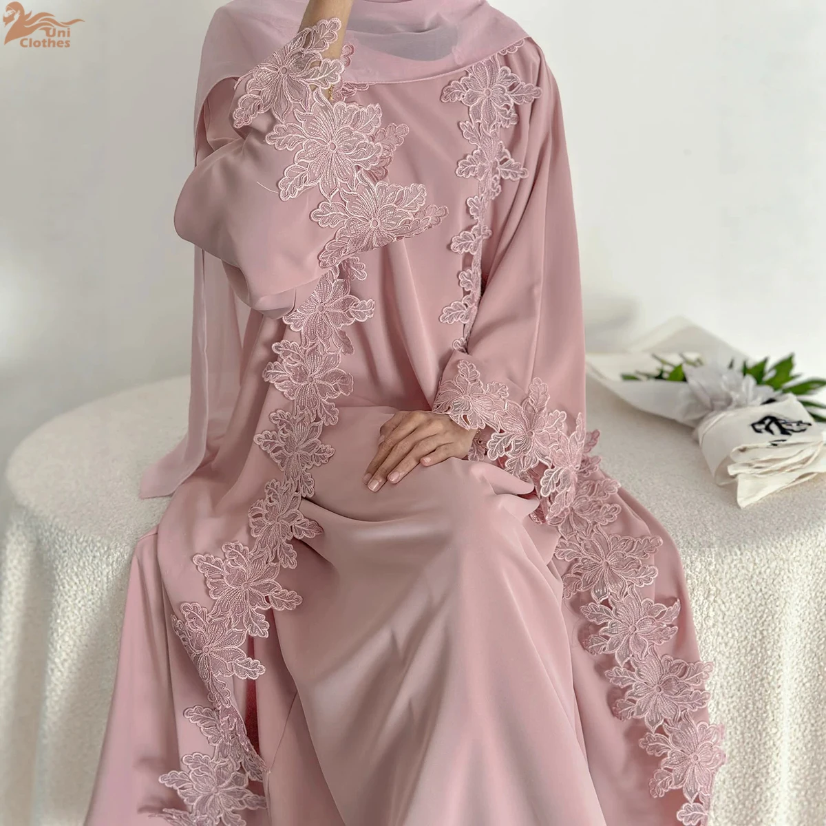 Zahraa New Abaya Nida Flower Lace Trim Abaya Isalmic Clothing Abaya Women Muslim Dress Dubai Abaya and Inner Dress 2 Piece Set 5