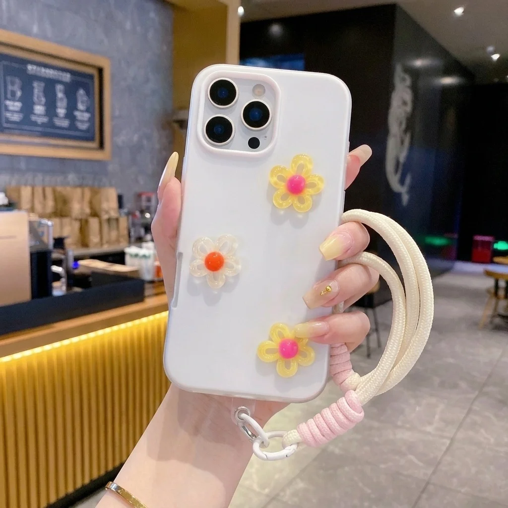 White 3D DIY Colorful Flower Lanyard Phone Case - Shockproof Soft Cover