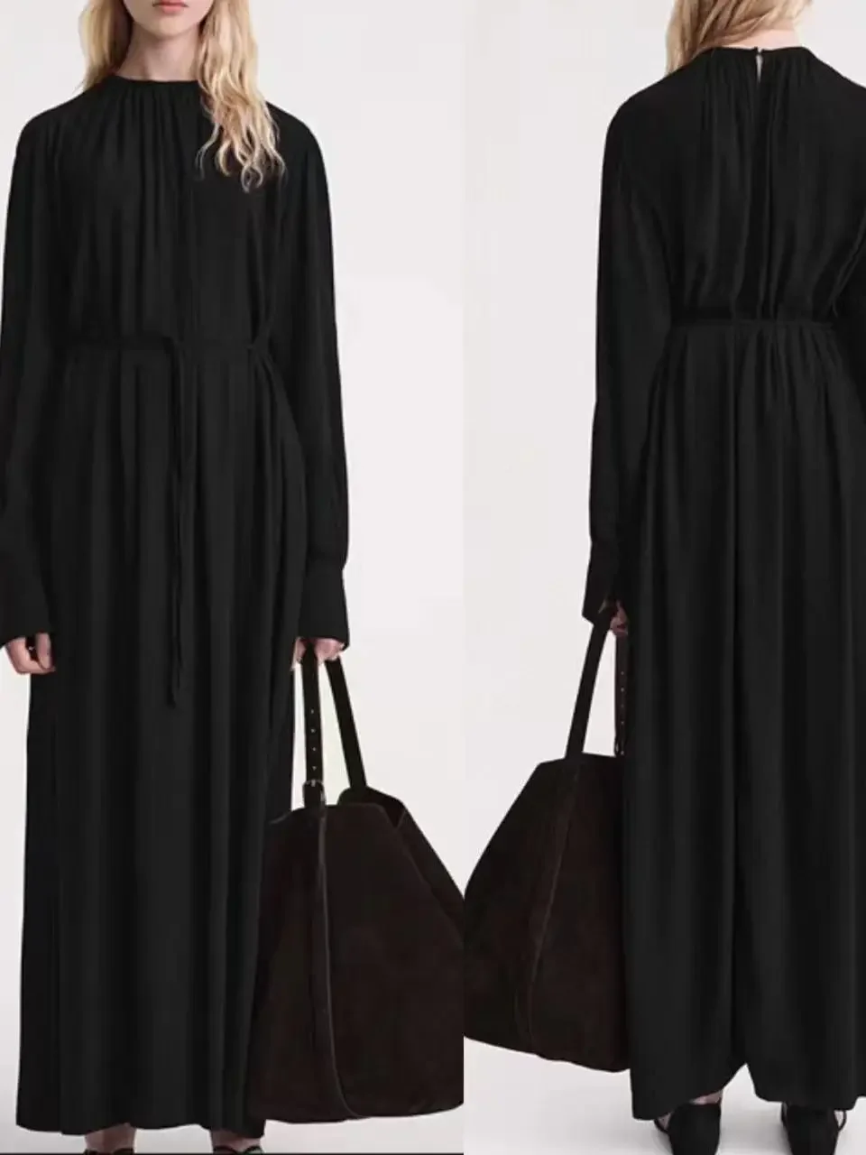 

Women's Midi Dress 2023 New 100% Viscose O-Neck Pleated Simple Solid Color Casaul Long Sleeve Robes