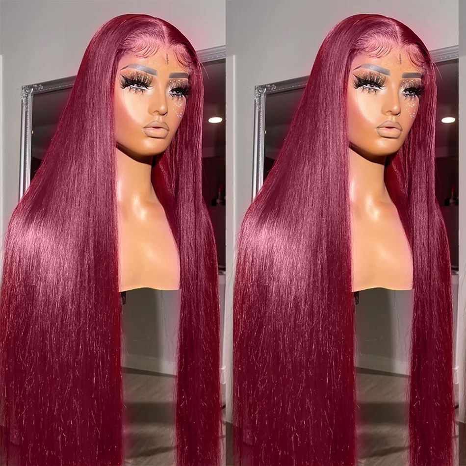 Perruque Lace Frontal wig naturelle, cheveux humains, pre-plucked, couleur bordeaux 99j, HD, 13x4