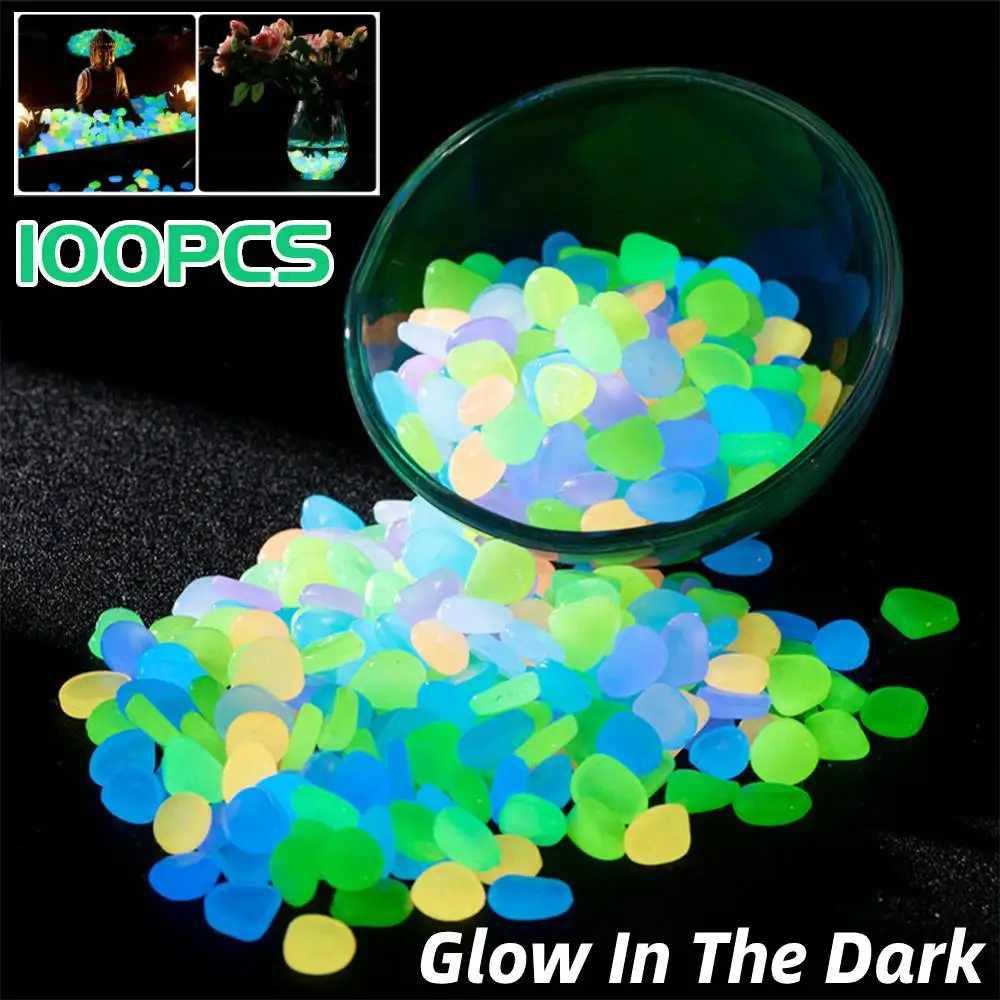 100Pcs Glow in the Dark Pebbles Water Tank Luminous Stones Garden Path Aquarium Glowing Stones Outdoor Garden Decorations