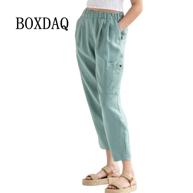 Fashion Womens Solid Cotton and Linen Pocket Elastic Waist Loose Trousers Pants 