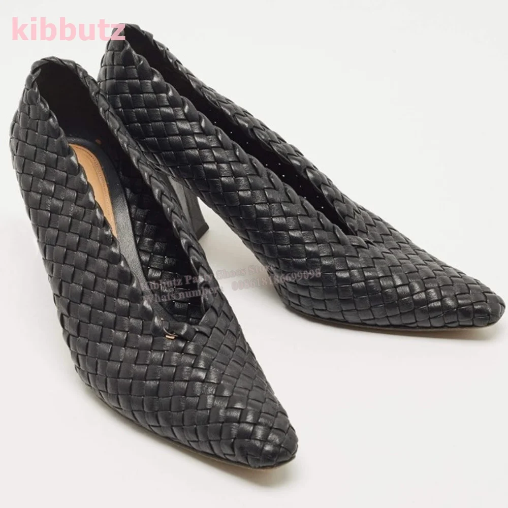 

Black Leather Intrecciato Pumps Block Heel Pointed Toe Solid Color Slip-On Fashion Concise Runway Show Women Shoes 2023 Newest