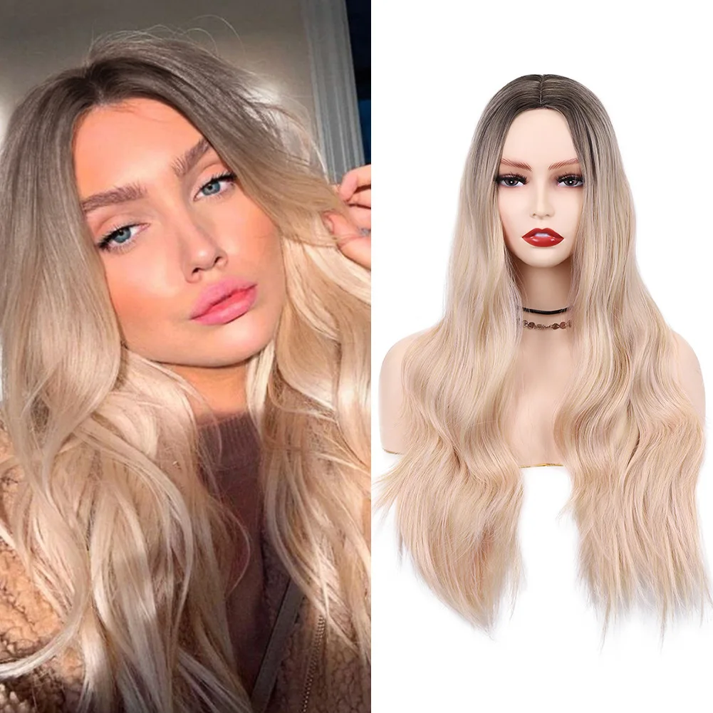 

Long Ombre Blonde Wig with Bangs for Women Natural Layered Wavy Wigs Brown Roots Heat Resistant Synthetic Fiber Curly Hair