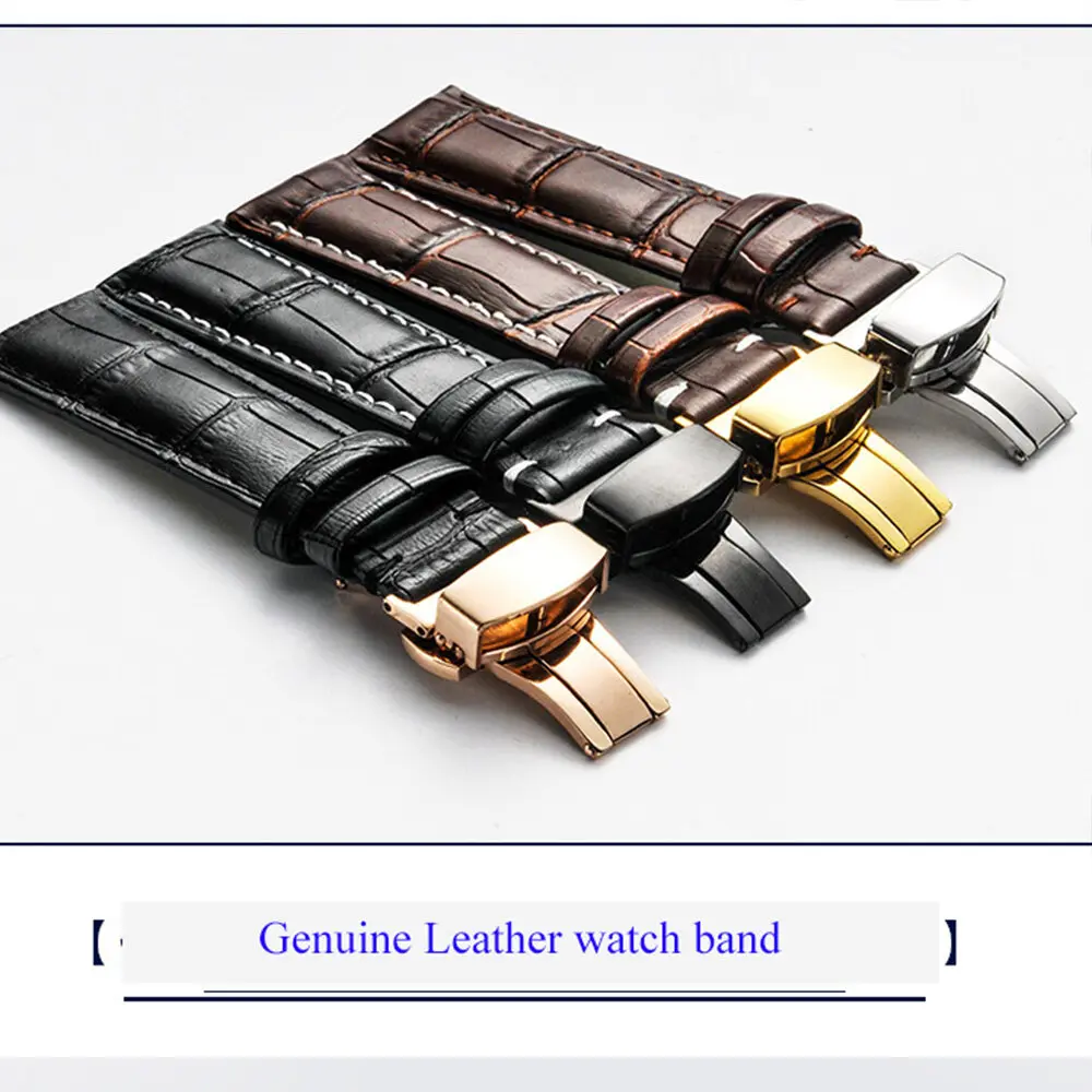 Elegant Leather Watch Band with Double Press Butterfly Clasp