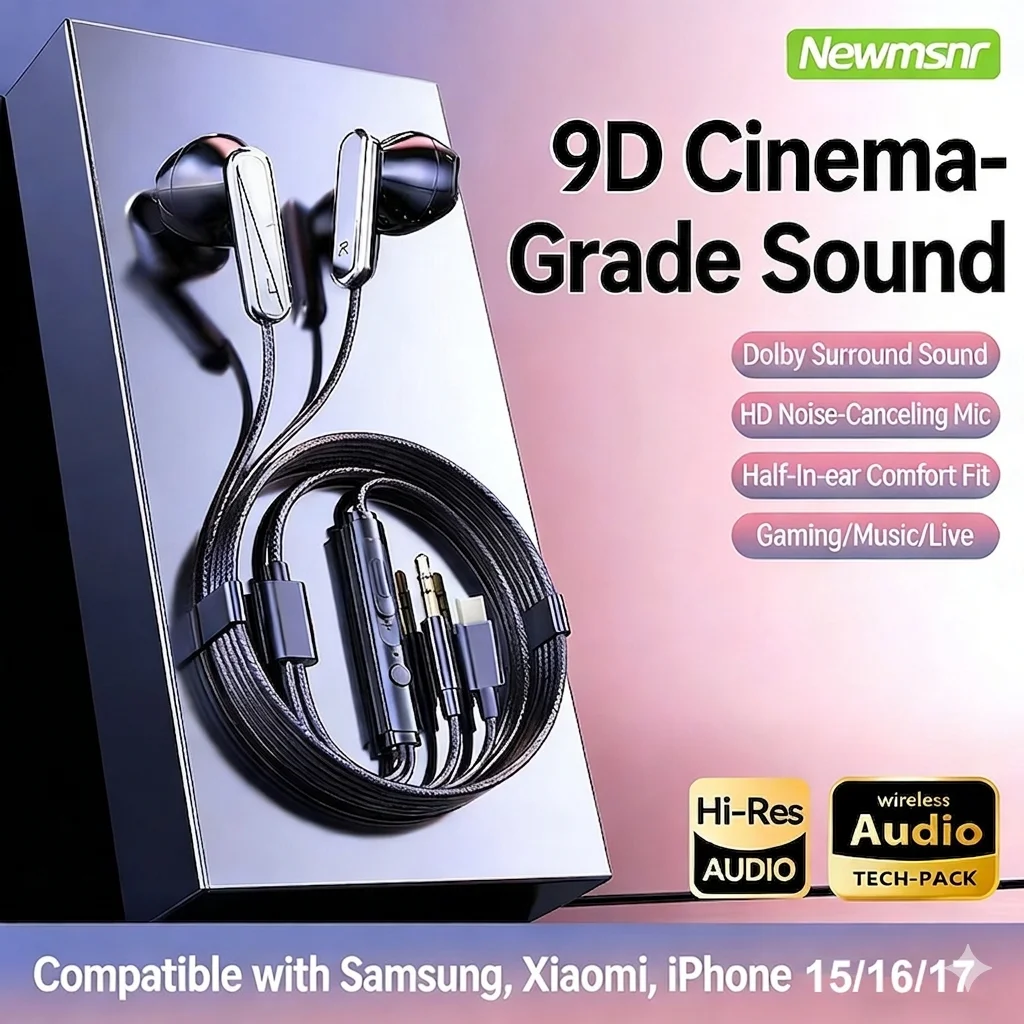Type C & 3.5mm 9D Surround Sound Wired Headphones with HD Mic and Gaming Earbuds