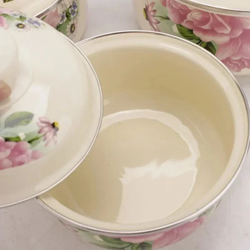 Milk Pot Enamel  Bowl Baby Food Bowl Ear Pot Cartoon with Lid Induction Pot Cooking