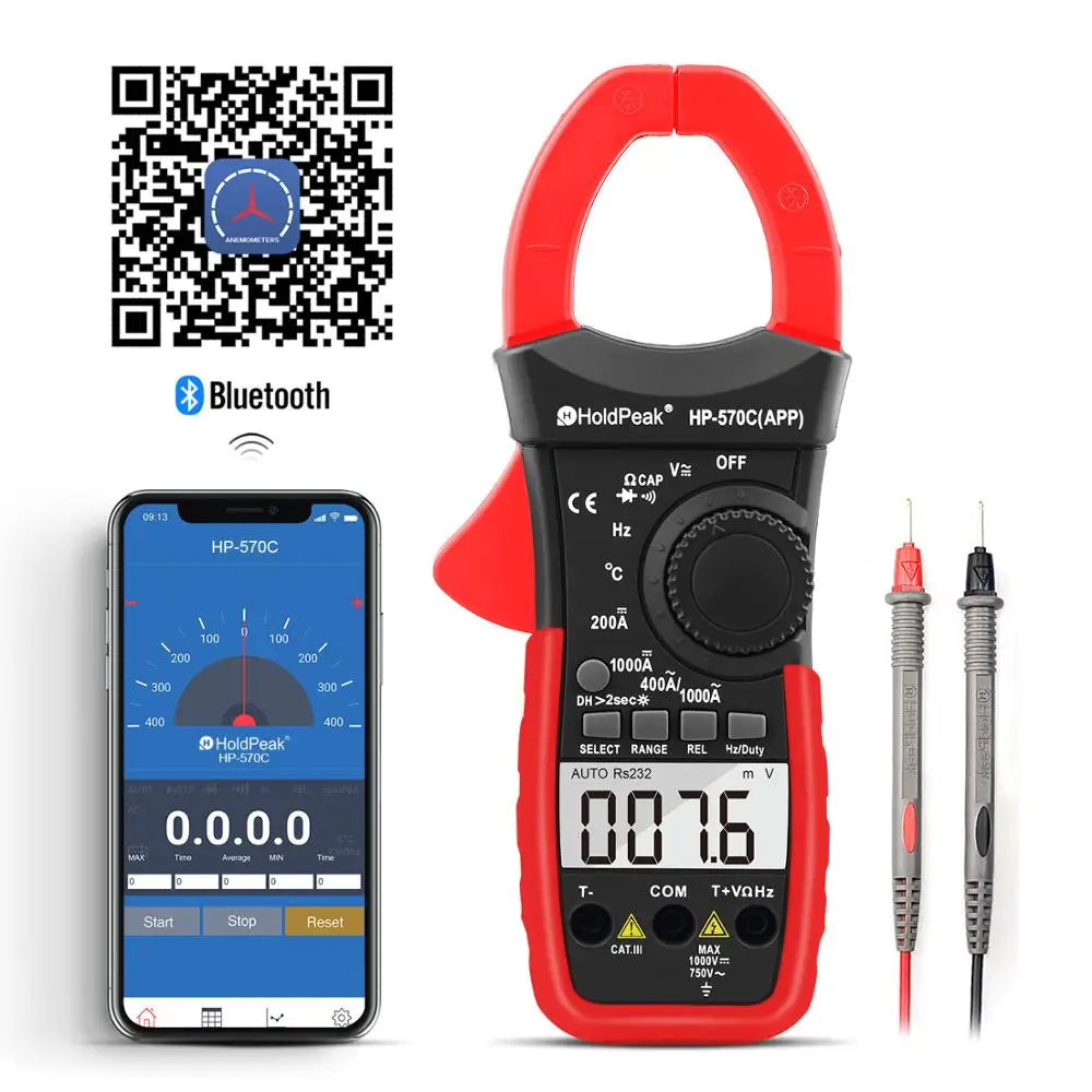 

HoldPeak Digital Clamp Meter HP-570T-APP 1000A AC/DC Current Voltage Capacitance Temperature Multimeter Connect to Phone Tester