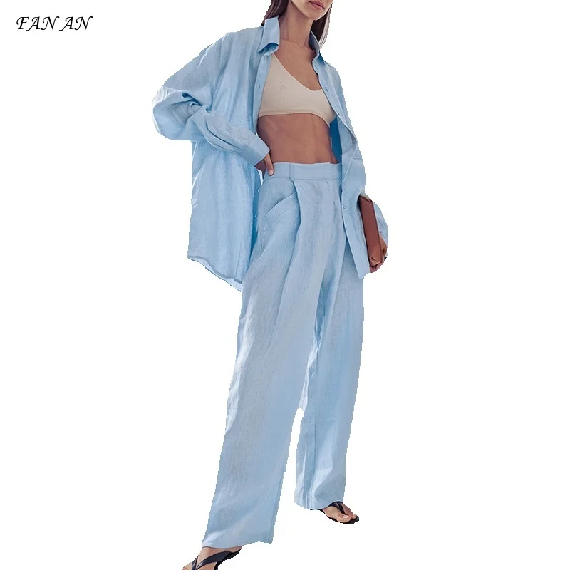2024 Summer Early Autumn New Loose Cotton Linen Suit Women Simple Long-sleeved Shirt Trousers Two-piece Casual Women's Wear